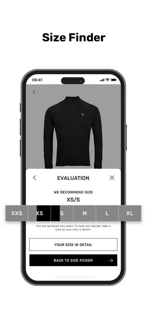 Ryzon - The Ryzon app size finder tool displaying a recommended size for a black performance long sleeve shirt