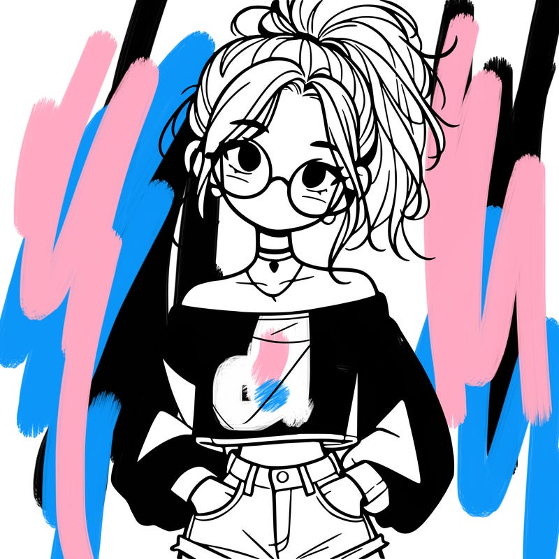 girl with a messy ponytail glasses a baggy crop top and jean shorts