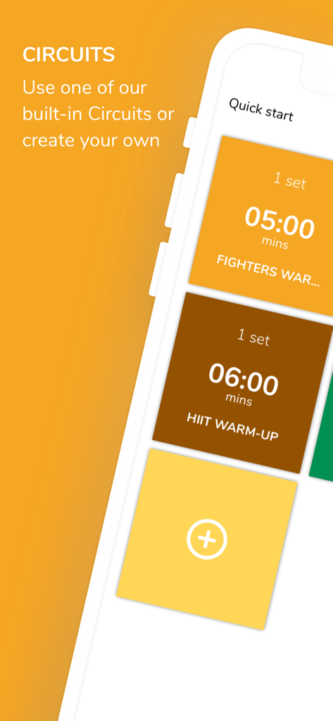 Interface de l'application Pro Timer affichant des circuits d'entraînement personnalisables et des minuteurs d'entraînement