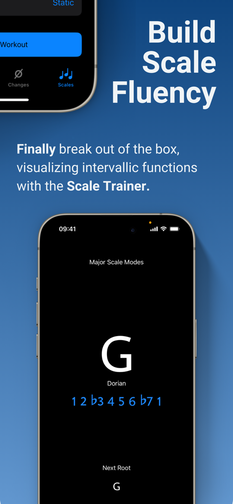 Solo - Fretboard Visualization - Solo app interface displaying the Scale Trainer feature with G Dorian intervallic functions for guitar players