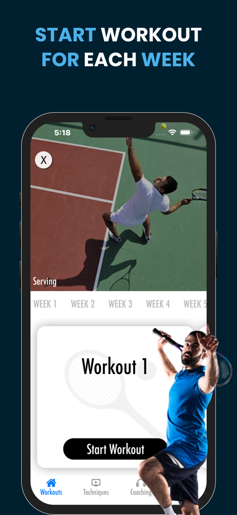 Tennis Trainings Coaching - Mobile app interface showing weekly tennis training schedules and a video demonstration of a serve