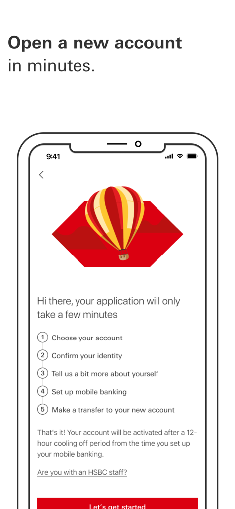 HSBC Malaysia - Interface of the HSBC Malaysia app showing the steps to open a new bank account digitally in minutes.