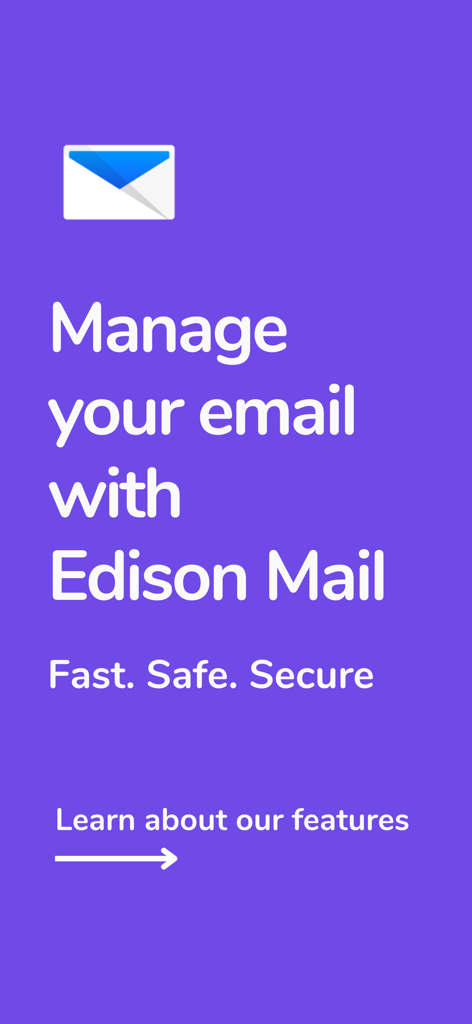 Email - Edison Mail - Edison Mailアプリのウェルカムスクリーン。テキスト「Edison Mailでメールを管理しましょう 高速 安全 セキュア」が表示されています。