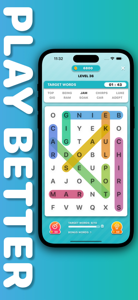Mobile screenshot of a word search puzzle with colorful highlights and target words