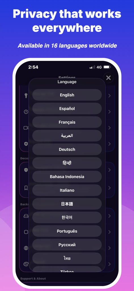 Private Photo & Video Lock - Language selection menu in the Private Photo and Video Lock app showing various global languages.