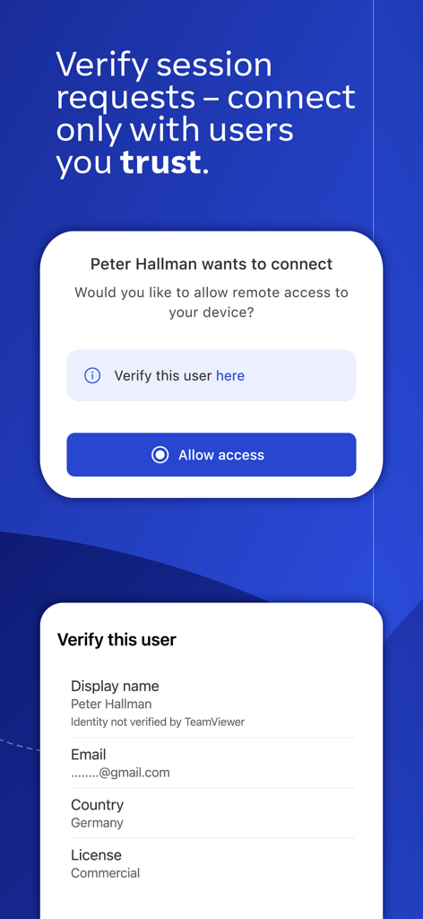 TeamViewer QuickSupport - TeamViewer QuickSupport interface showing remote access request and user identity verification details