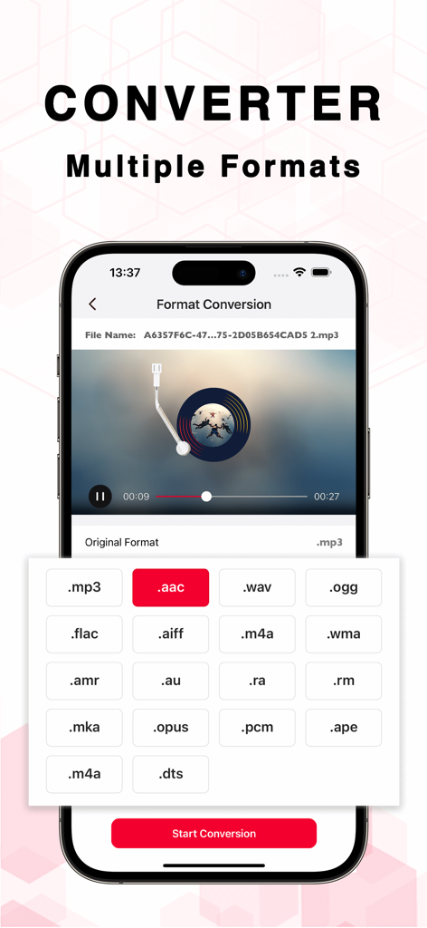 Interface of the OcenAudio app showing multiple audio format conversion options like MP3 AAC and WAV