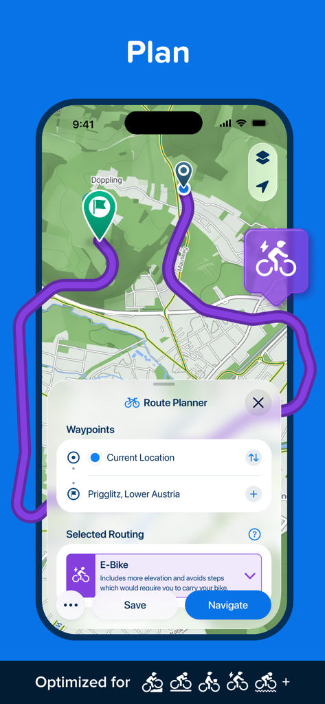 Bikemap app interface showing a planned bicycle route on a map with e-bike optimization settings.