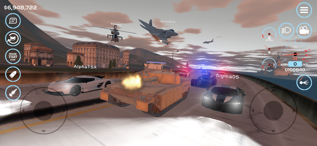 Un char d'assaut tirant à côté de voitures de sport avec des avions survolant dans le jeu mobile Car Sim Open World