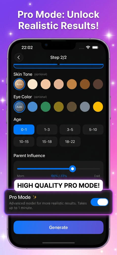 Tela de personalização avançada do gerador de bebês com IA mostrando tom de pele, cor dos olhos e configurações de idade com Modo Pro ativado.
