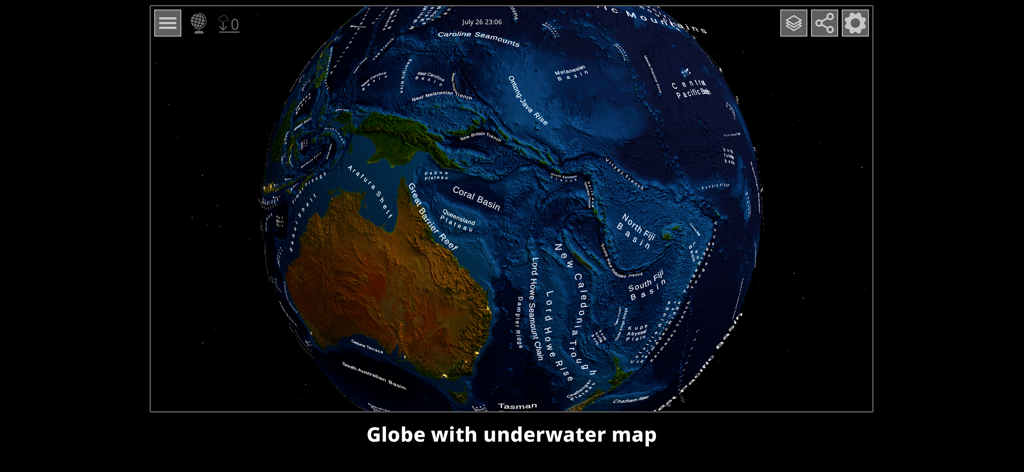 GlobeViewer PRO - オーストラリア near の詳細な水中地形と海底地名ラベルを示す高解像度3Dグローブビュー