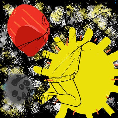 realistic girl jumping with a bun and oversized sweatshirt