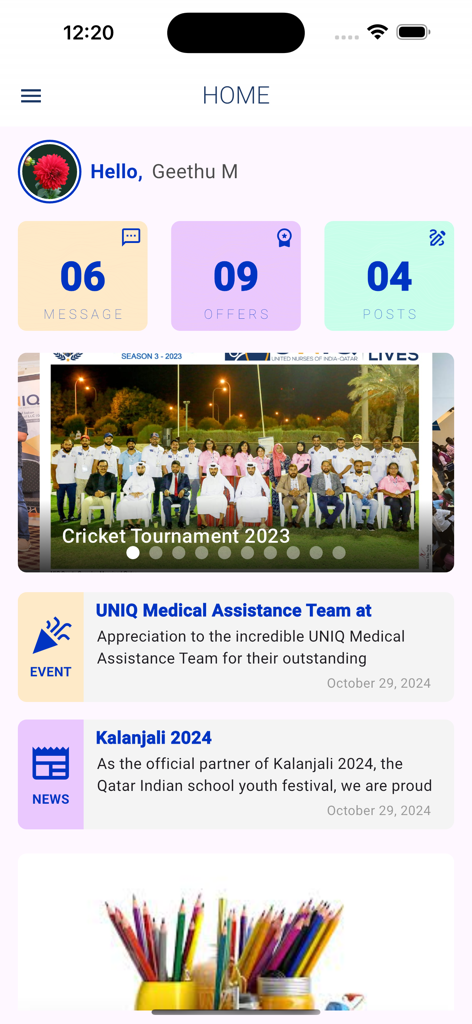 UNIQ Qatar mobile app home screen showing dashboard counters and nursing community news updates