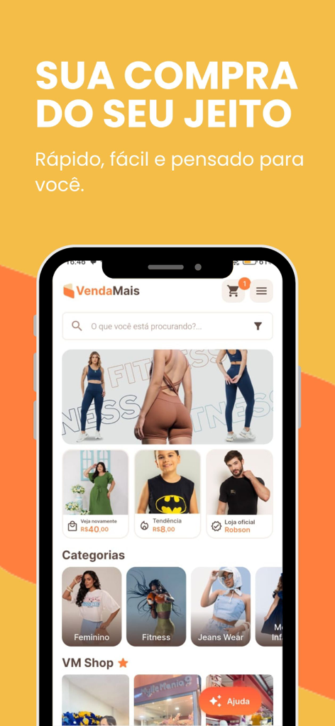 Venda Mais | Atacado - Interfaz de la aplicación móvil Venda Mais Atacado mostrando categorías de moda al por mayor y productos destacados