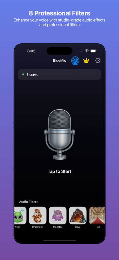 Bluetooth microphone - BlueMic - Screenshot of BlueMic app displaying voice enhancement filters and microphone recording interface