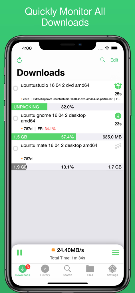 NZBClient for NZBGet - NZBClient interface showing active download progress and server speeds