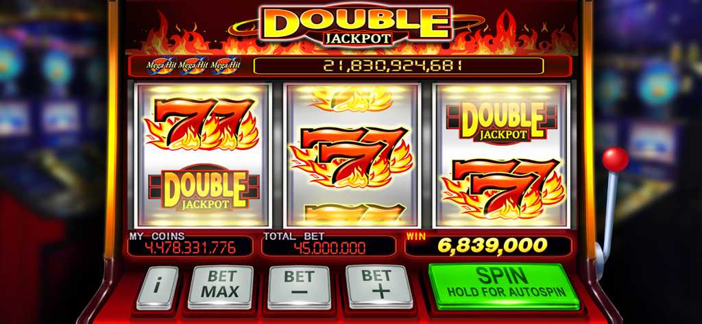 A classic slot machine interface featuring flaming red 77s and a double jackpot theme in Ignite Classic Slots