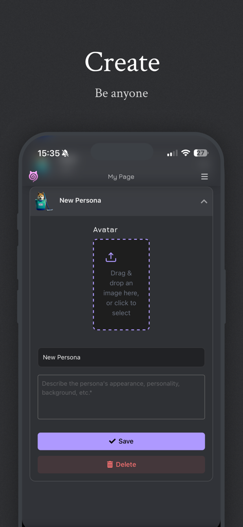Janitor AI - Mobile screen of Janitor AI showing the new persona creation interface with avatar upload and description fields