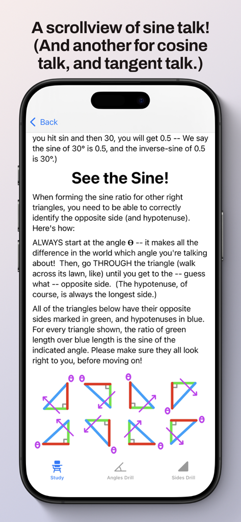 SOH CAH TOA - Educational screen explaining the sine ratio with triangle diagrams in the SOH CAH TOA app
