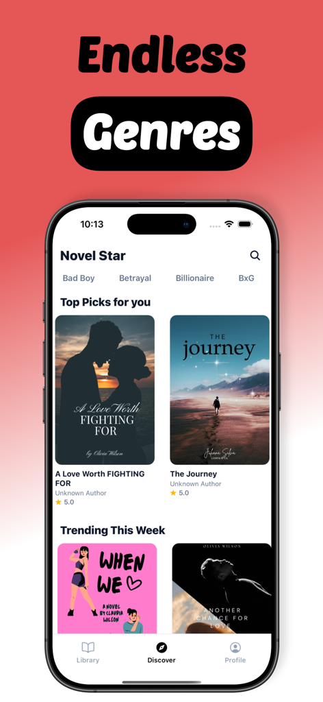 Novel Star- Read Books,Stories - iPhone displaying the Novel Star app discover screen with trending romance and thriller books