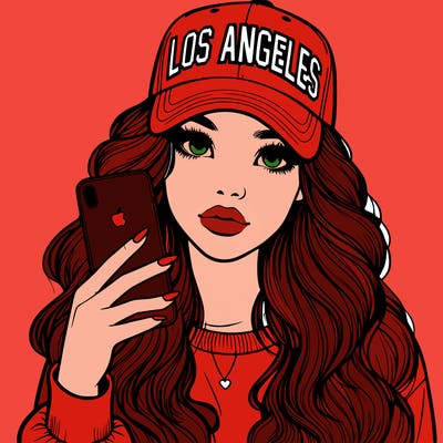 realistic beautiful girl wearing los ángeles cap holding an iphone