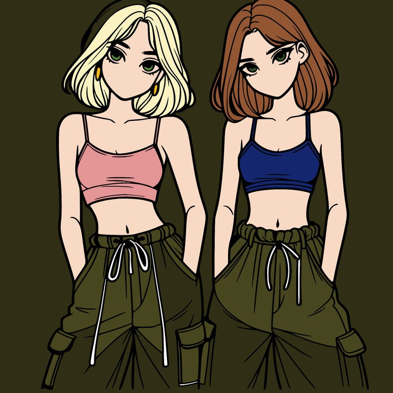 two girls with crop top with baggy pants