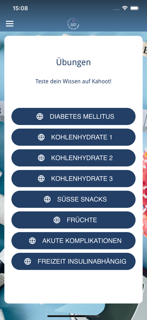 SugarSmart - SugarSmart app interface showing a list of diabetes education quizzes and exercises
