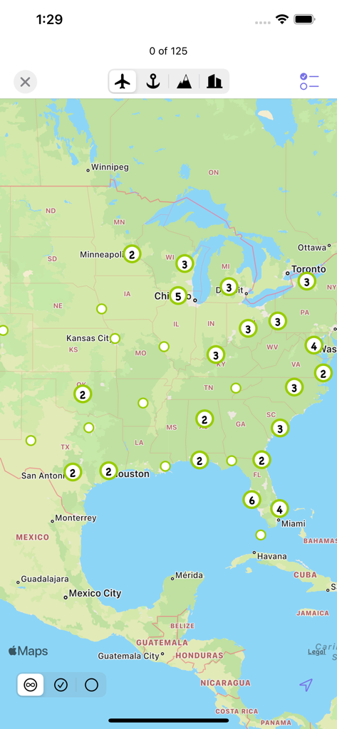 Map of the United States with numbered location markers in the Mark O Travel app
