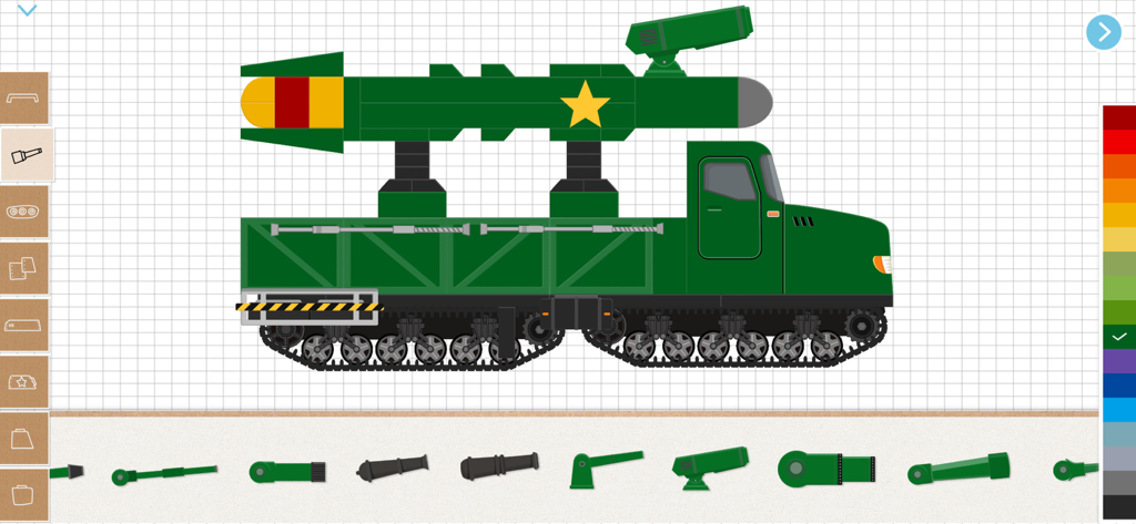 Un camión blindado verde con un gran misil siendo diseñado en la interfaz de constructor de la aplicación Labo Tank.