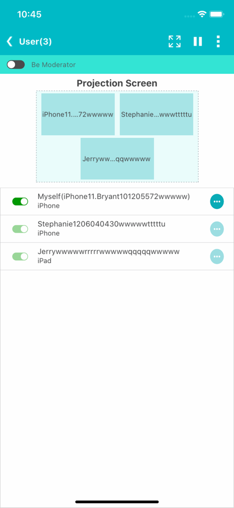 Tableau de bord de l'application NovoConnect montrant plusieurs participants connectés et partageant leurs écrans sur un écran principal.