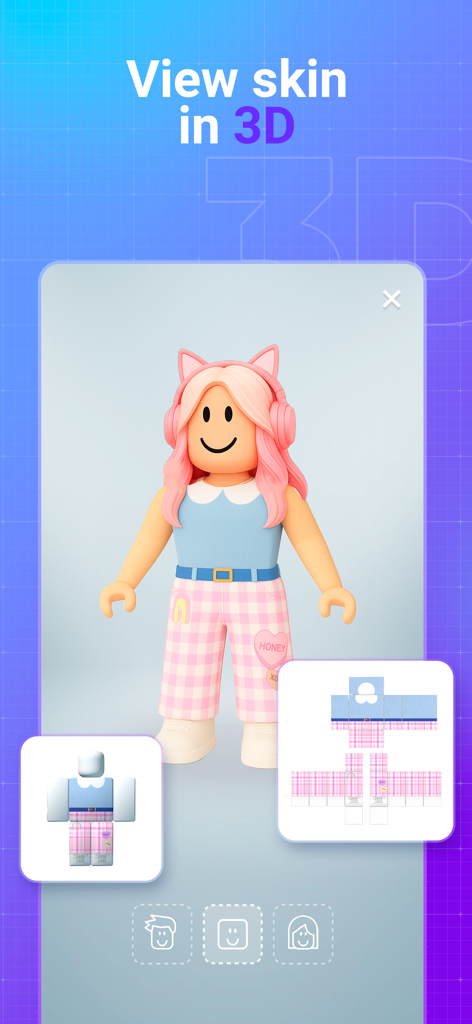 Makerblox - skin creator - A 3D preview of a custom character skin designed in the Makerblox app