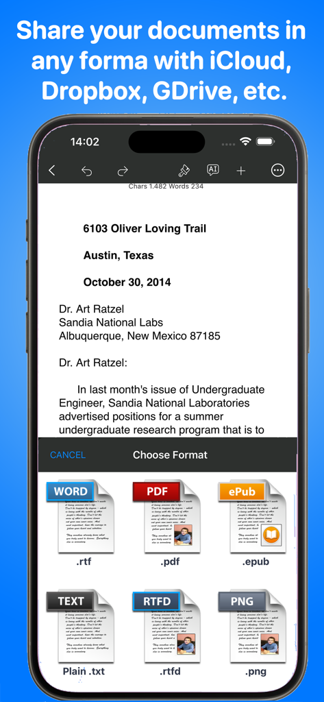 Aplicación TextEdit en iPhone que muestra opciones de exportación de documentos, incluidos PDF, RTF, ePub y TXT