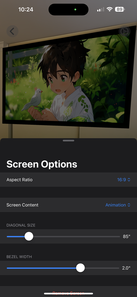 Screener-App-Oberfläche mit Optionen zur Anpassung der Diagonale und des Seitenverhältnisses des virtuellen Projektorbildschirms in Augmented Reality