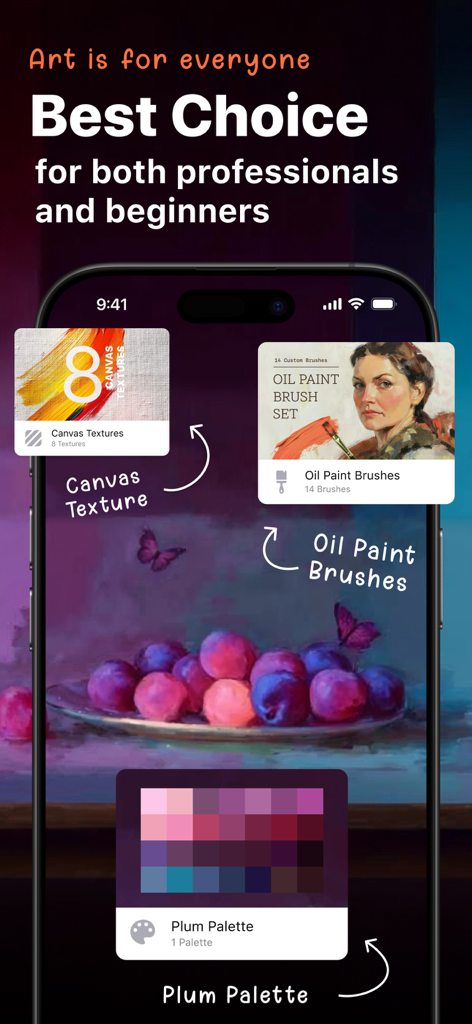 Brushes for Procreate & Tools - 油絵ブラシ、キャンバスのテクスチャ、カラーパレットを示すProcreateツールアプリインターフェイス。