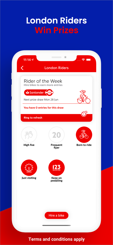 Santander Cycles - Santander Cyclesアプリのロンドンライダー画面に、アチーブメントバッジと毎週の抽選情報が表示されています