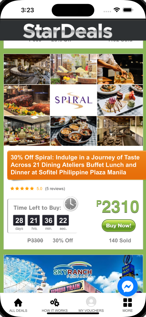 StarDeals app screenshot showing a 30 percent discount on a luxury buffet at Spiral Sofitel Philippine Plaza Manila.