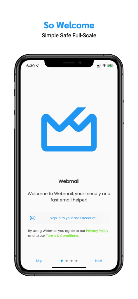 Webmail app welcome screen on iPhone featuring its logo and a sign-in option.