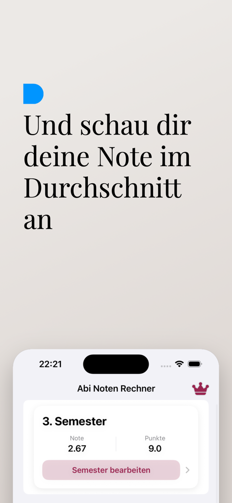 Abi Noten Rechner - Abi Noten Rechner App-Oberfläche, die den durchschnittlichen Semesternotenschnitt und die Punkte anzeigt