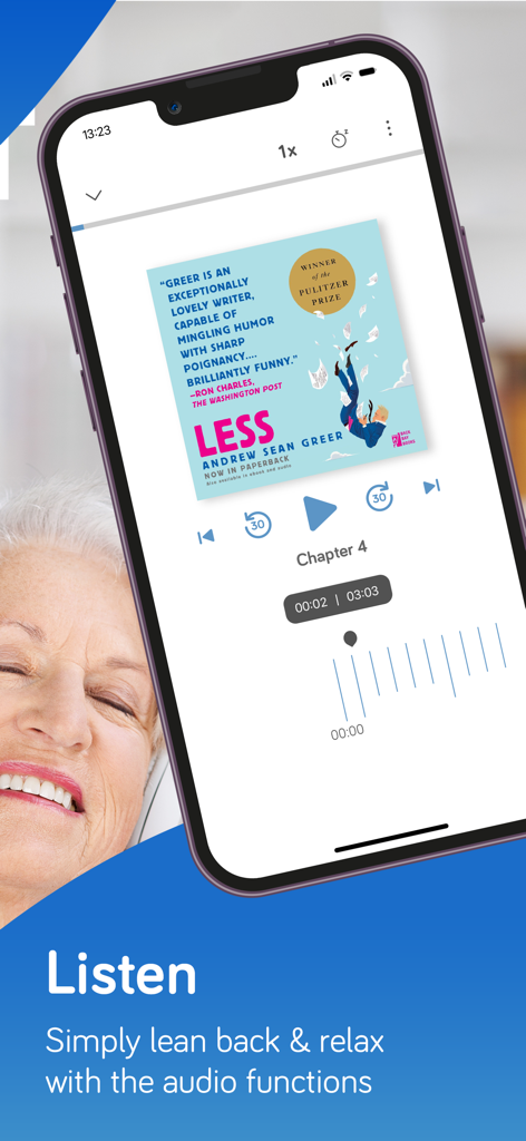 tolino - eBooks & audiobooks - tolinoアプリのオーディオブックプレーヤーのインターフェースに、Andrew Sean Greerの著書「Less」の再生コントロールが表示されています。