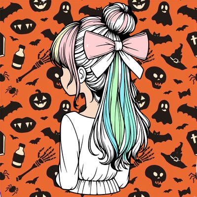 realistic girl  with hip length hair a bun and a big bow on the back of head