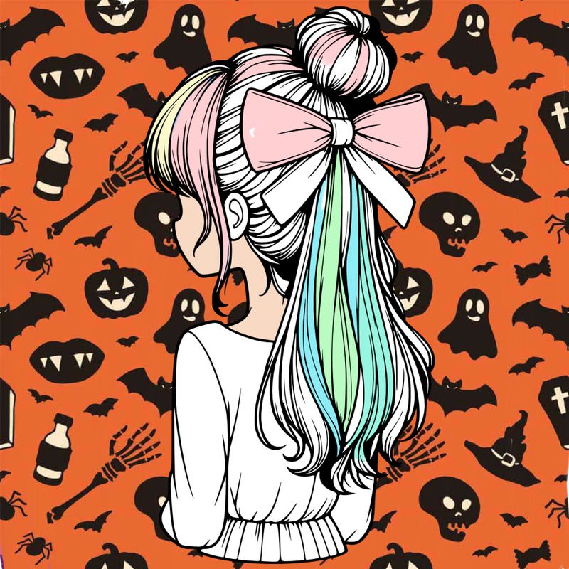 realistic girl  with hip length hair a bun and a big bow on the back of head