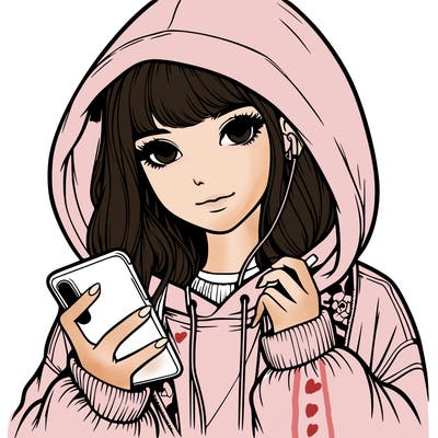 realistic girl with oversized hood and holding a phone