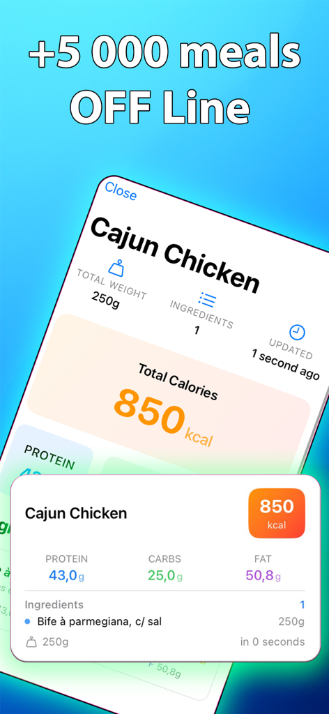 A screenshot from the Macros from Brazil app showing the calorie and macronutrient breakdown for a Cajun Chicken meal including protein, carbs, and fat.