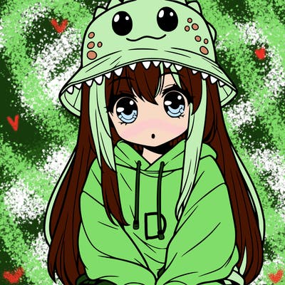 girl with anime shaped eyes with a dinosaur bucket hat oversized sweatshirt long straight hair