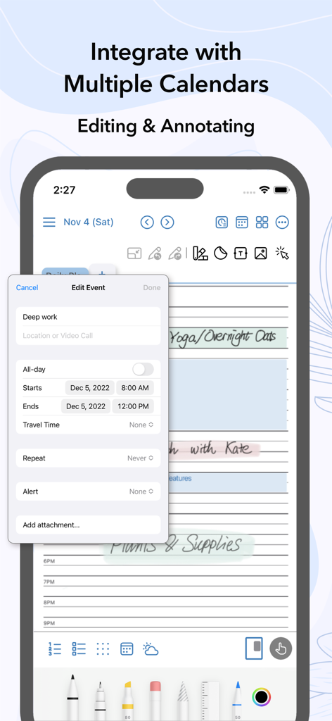 AJournal - Planner & Journal - A screenshot of AJournal app showing the interface to edit a calendar event called Deep work on an iPhone with handwriting and digital planning elements.