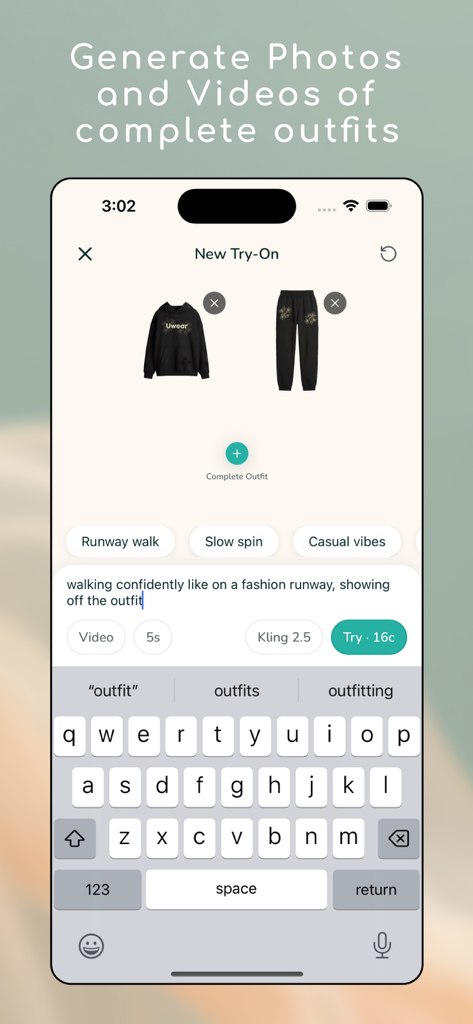 Uwear: Try On Anywhere - Interface of the Uwear app showing how to generate AI fashion videos of complete outfits using text prompts