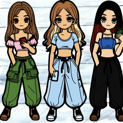 3 girls with a cute crop top and baggy pants and phones