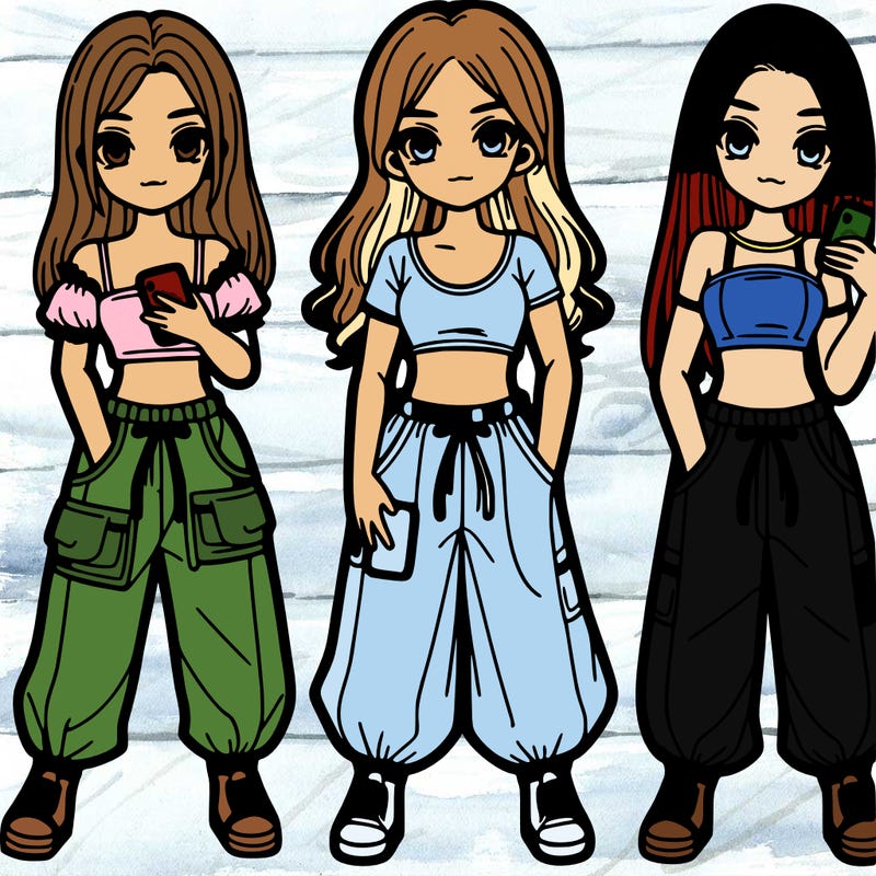 3 girls with a cute crop top and baggy pants and phones