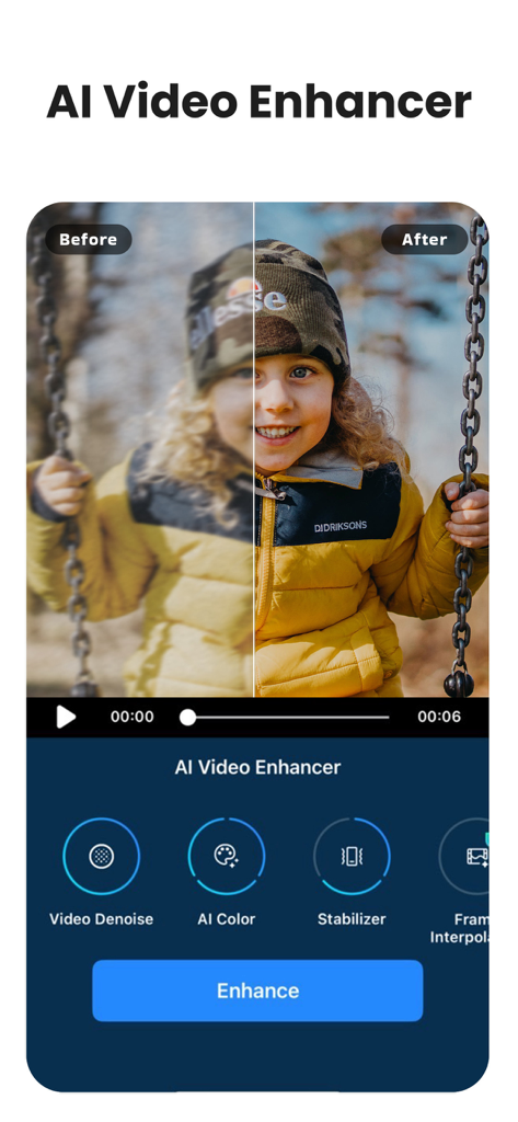 PowerDirector: AI Video Editor - Comparación de pantalla dividida de la herramienta Mejora de Video con IA en PowerDirector mostrando mejoras de calidad antes y después.