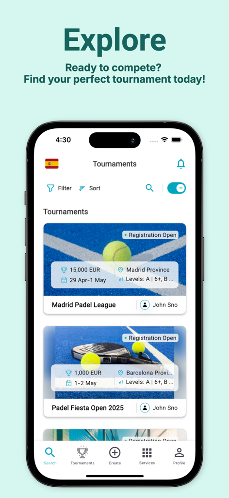 Padel Playground - Tela do aplicativo Padel Playground mostrando vários torneios de padel disponíveis para inscrição